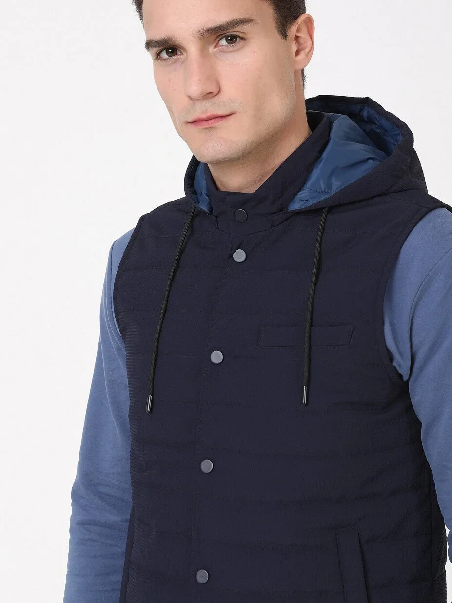 Lacivert Regular Fit Dik Yaka Casual Dokuma Spor Yelek - 1