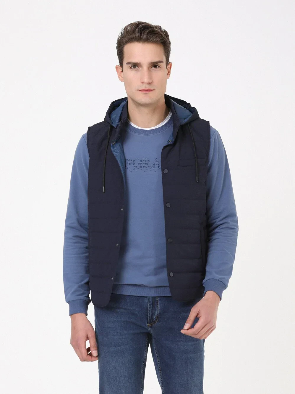 Lacivert Regular Fit Dik Yaka Casual Dokuma Spor Yelek - 2