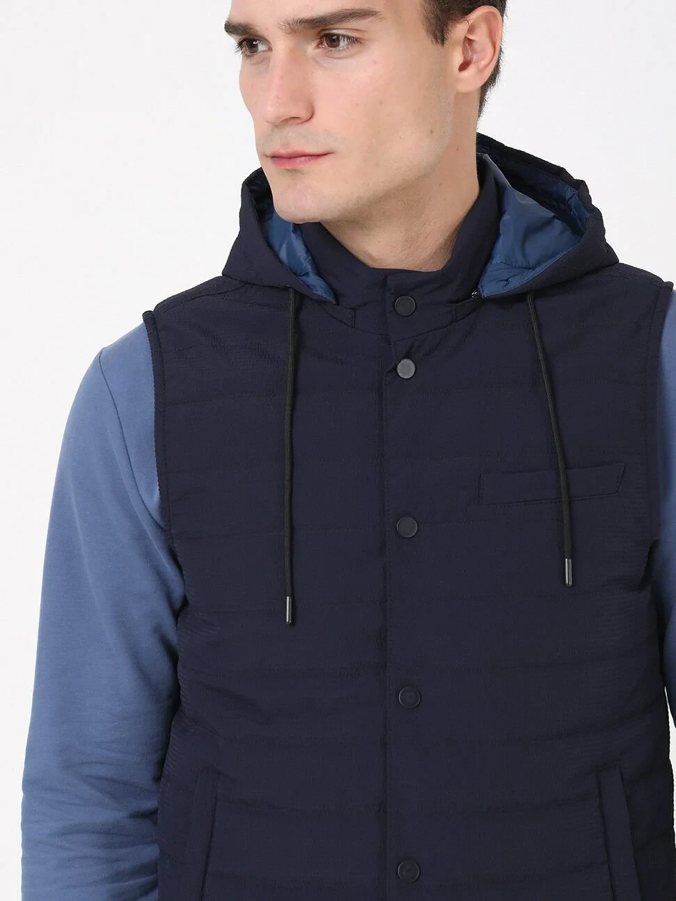 Lacivert Regular Fit Dik Yaka Casual Dokuma Spor Yelek - 3