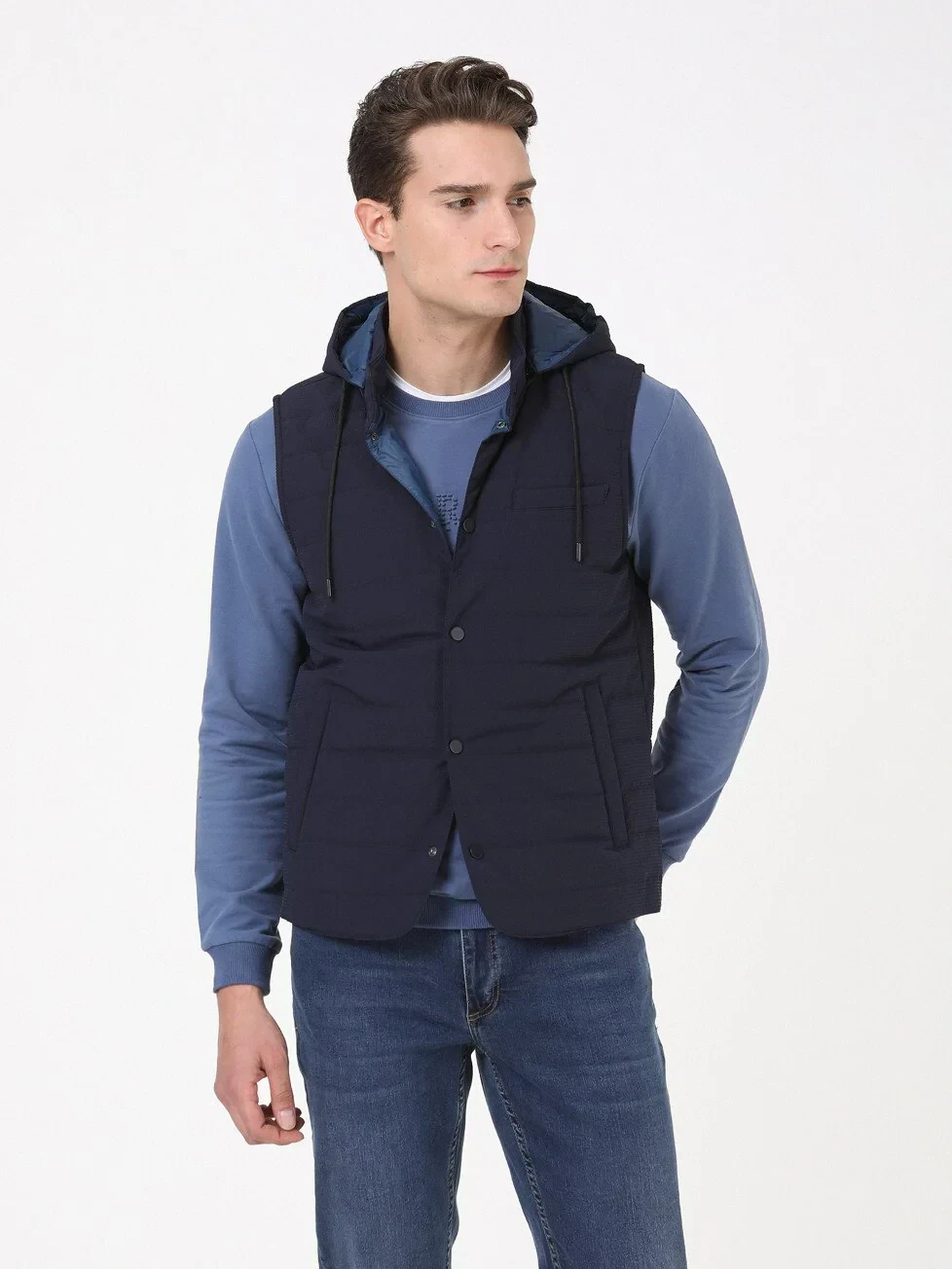 Lacivert Regular Fit Dik Yaka Casual Dokuma Spor Yelek - 4