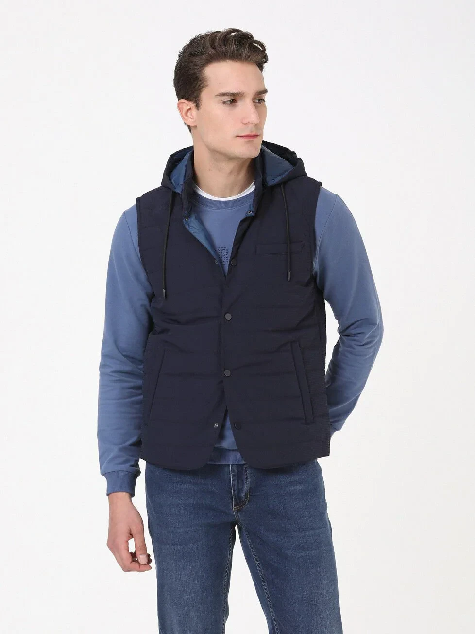Lacivert Regular Fit Dik Yaka Casual Dokuma Spor Yelek - 4