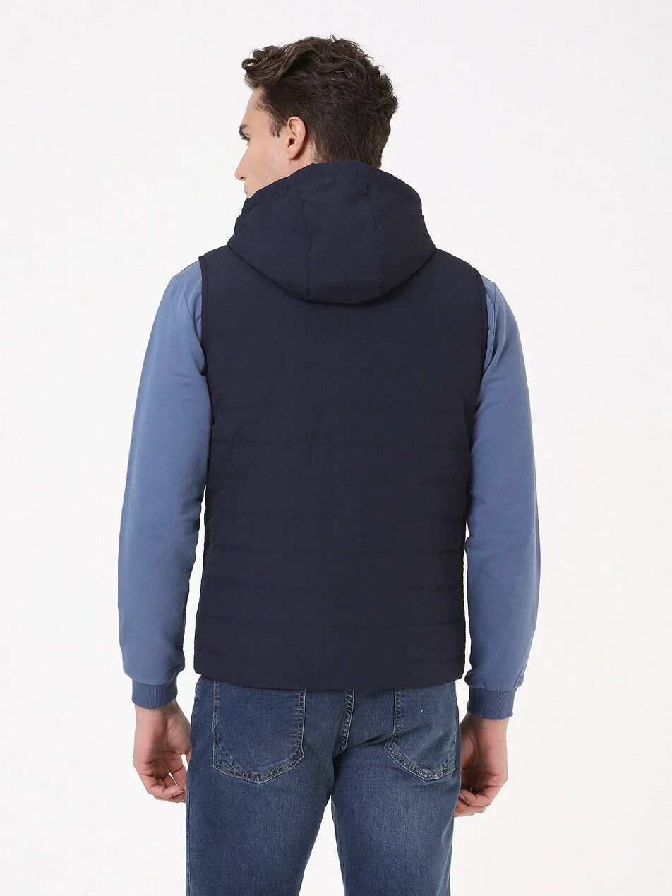 Lacivert Regular Fit Dik Yaka Casual Dokuma Spor Yelek - 5