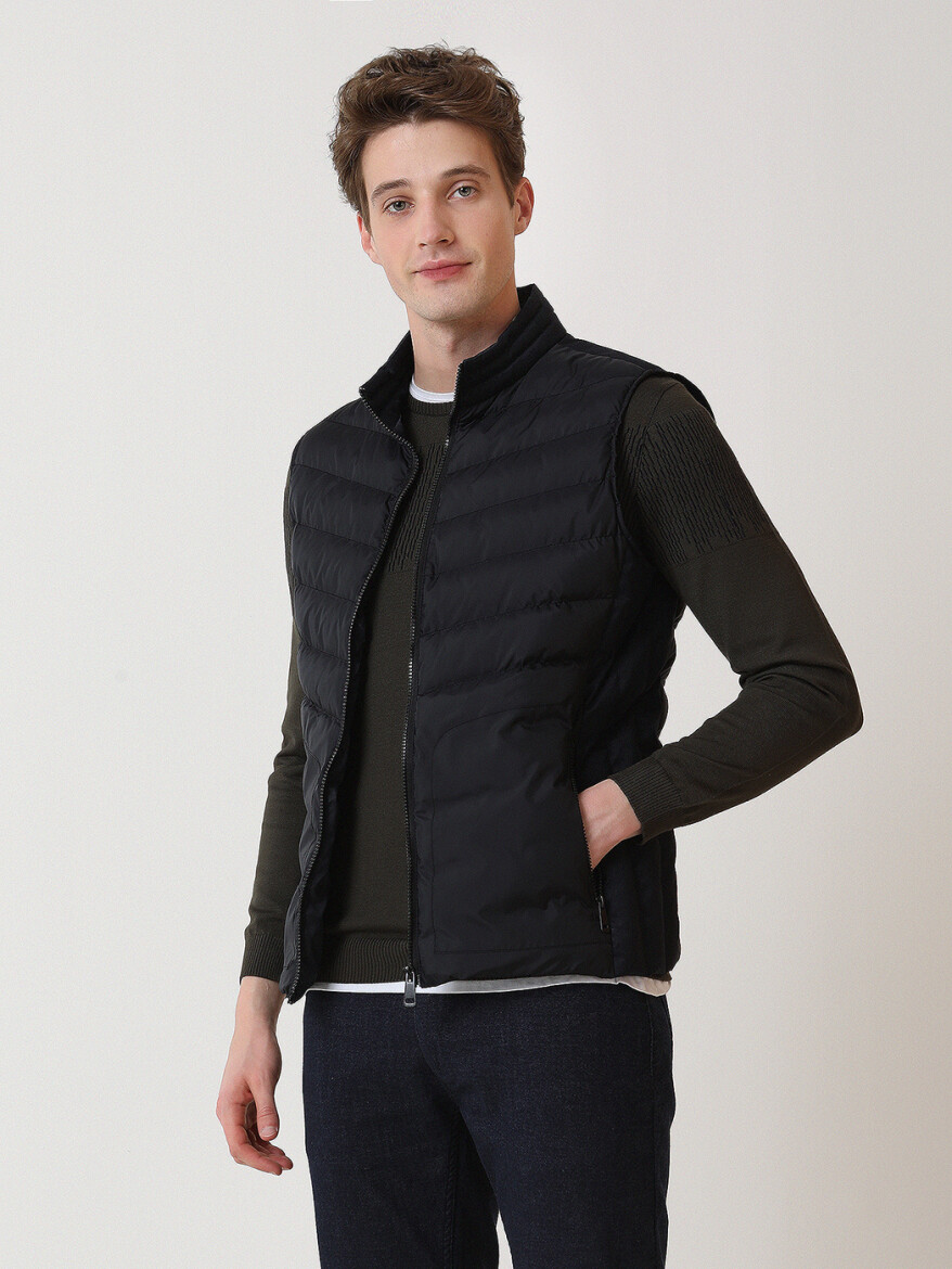 Lacivert Regular Fit Dik Yaka Casual Dokuma Spor Yelek - 1