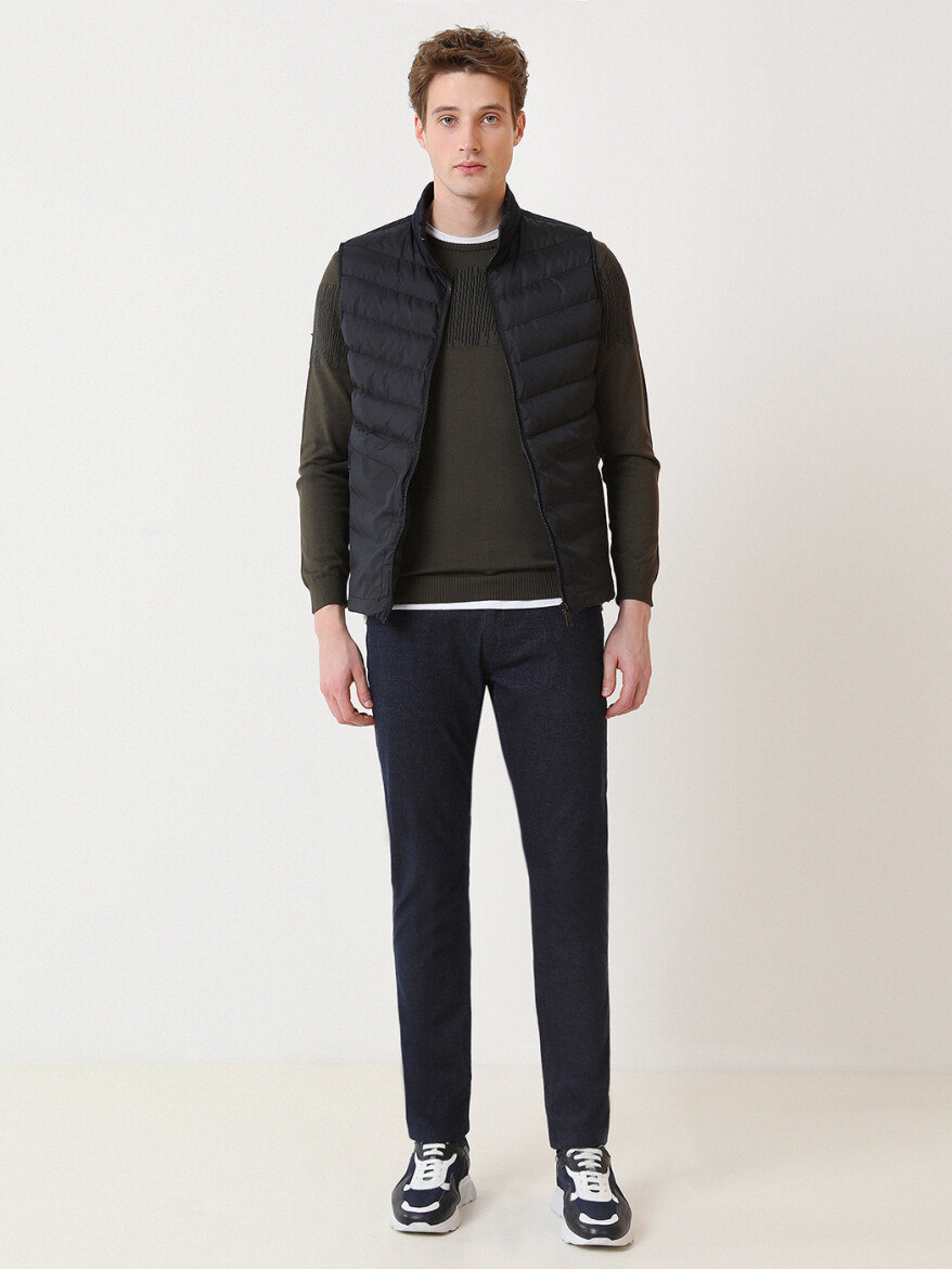 Lacivert Regular Fit Dik Yaka Casual Dokuma Spor Yelek - 4