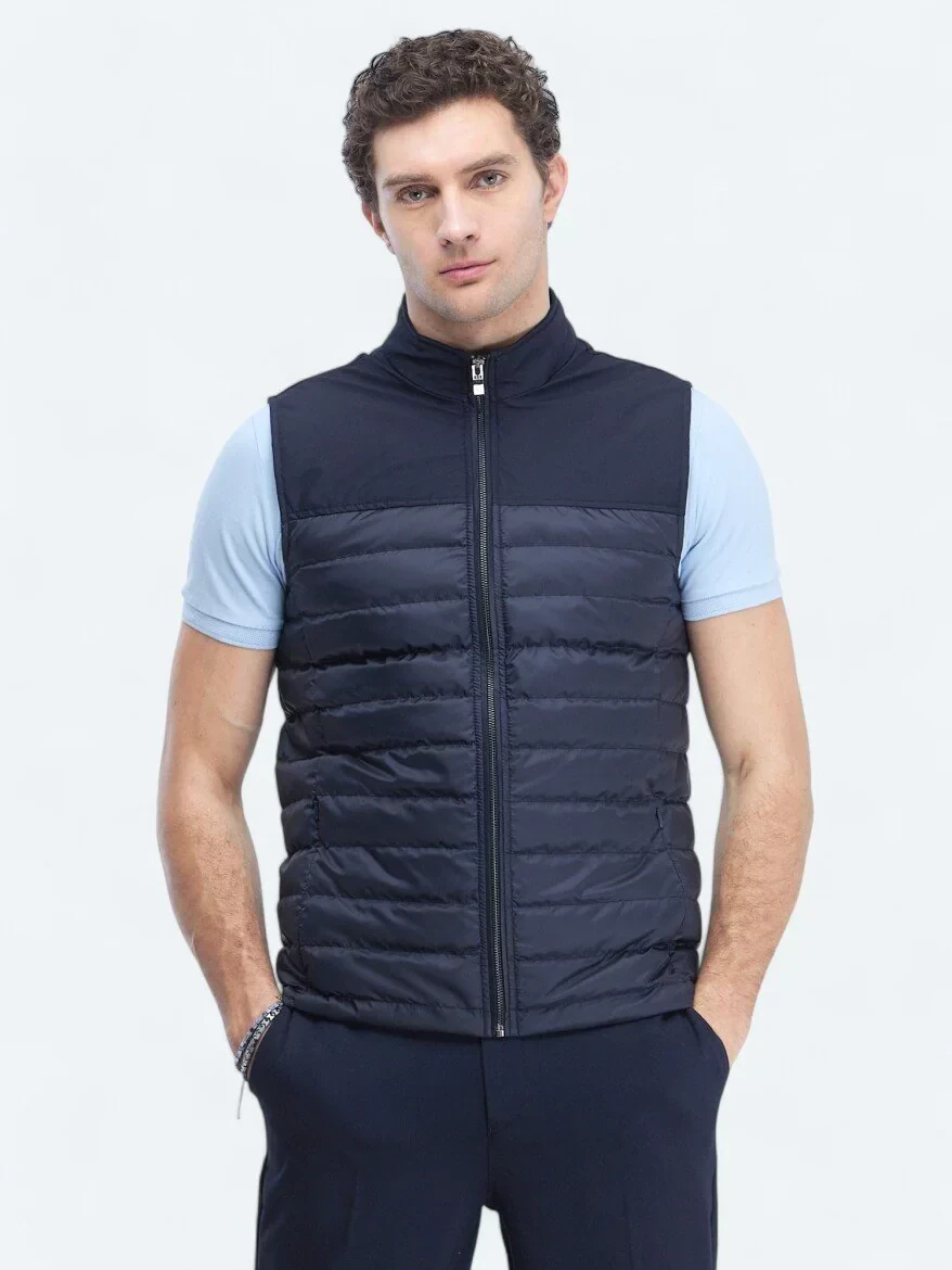 Lacivert Regular Fit Dik Yaka Casual Dokuma Spor Yelek - 1