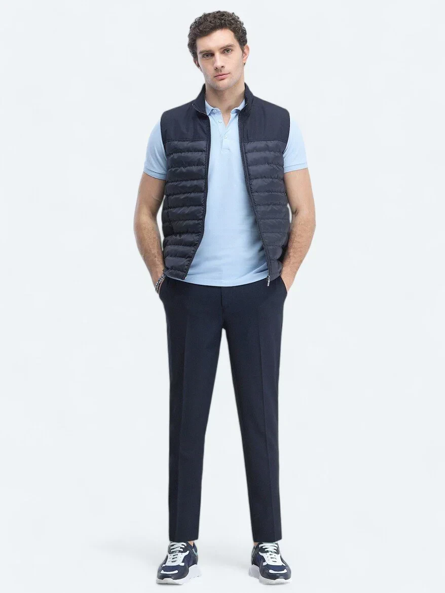 Lacivert Regular Fit Dik Yaka Casual Dokuma Spor Yelek - 2