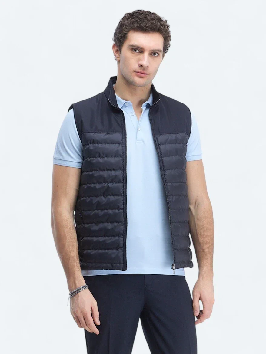Lacivert Regular Fit Dik Yaka Casual Dokuma Spor Yelek - 3