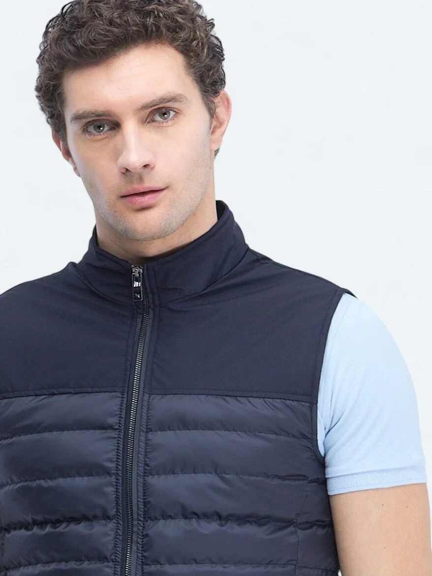 Lacivert Regular Fit Dik Yaka Casual Dokuma Spor Yelek - 4