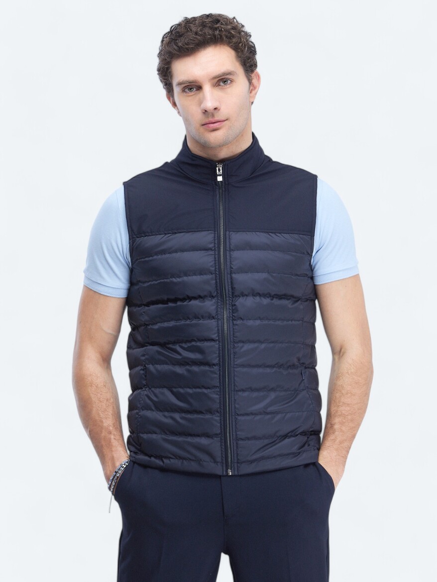 Lacivert Regular Fit Dik Yaka Casual Dokuma Spor Yelek - 1