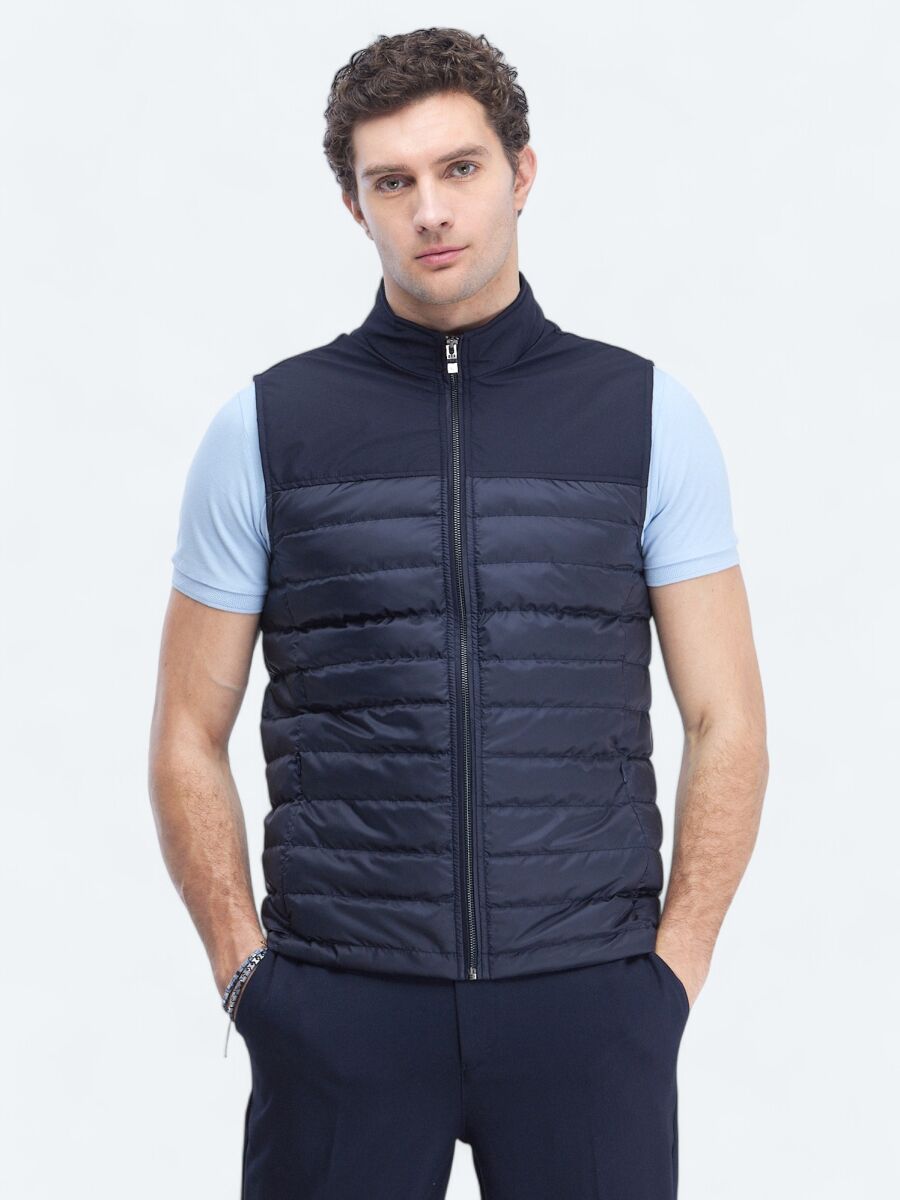 Lacivert Regular Fit Dik Yaka Casual Dokuma Spor Yelek - 1