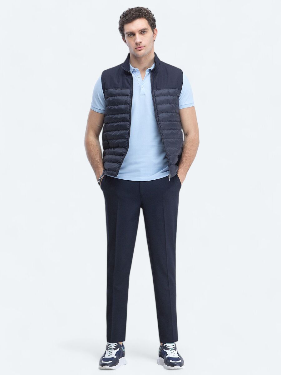Lacivert Regular Fit Dik Yaka Casual Dokuma Spor Yelek - 2