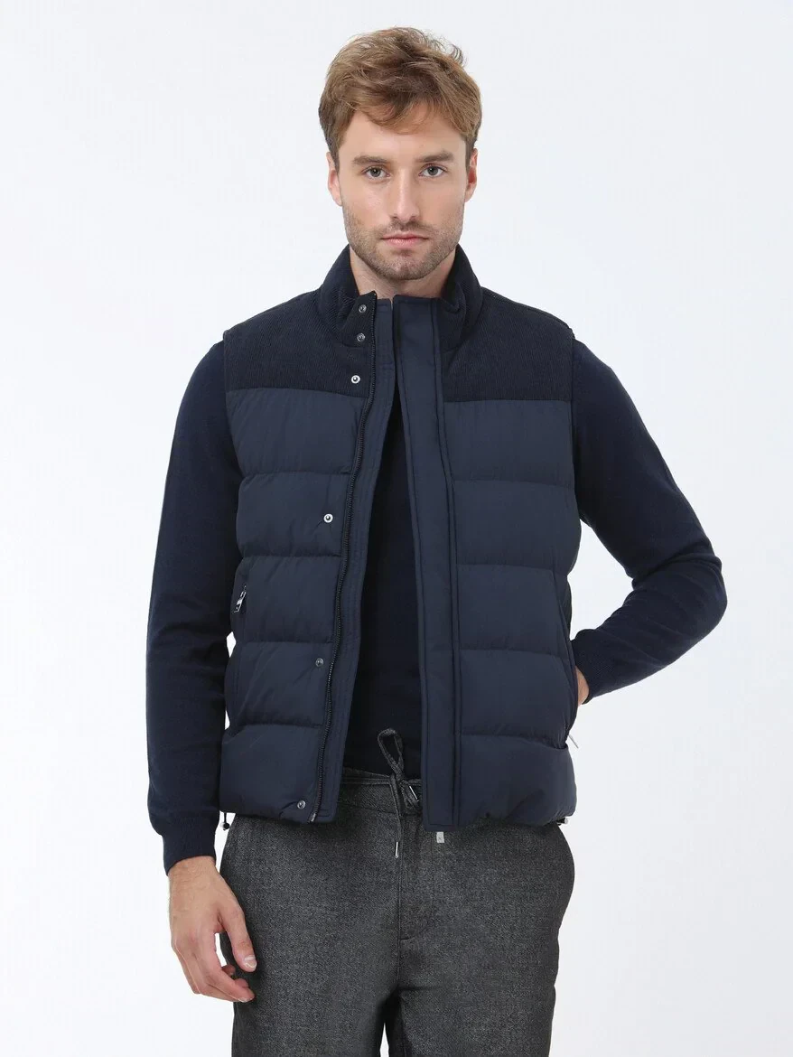 Lacivert Regular Fit Dik Yaka Casual Dokuma Spor Yelek - 1