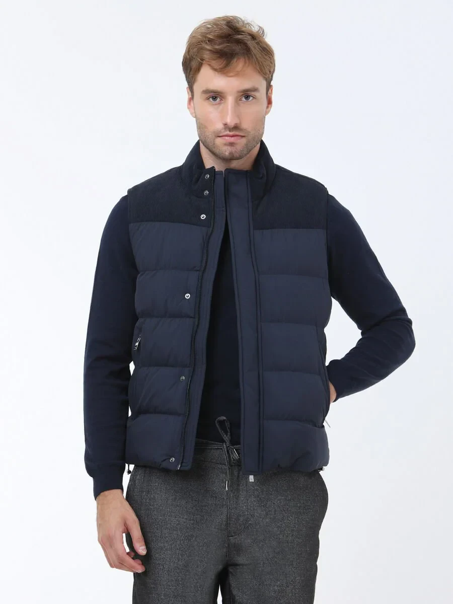 Lacivert Regular Fit Dik Yaka Casual Dokuma Spor Yelek - 1