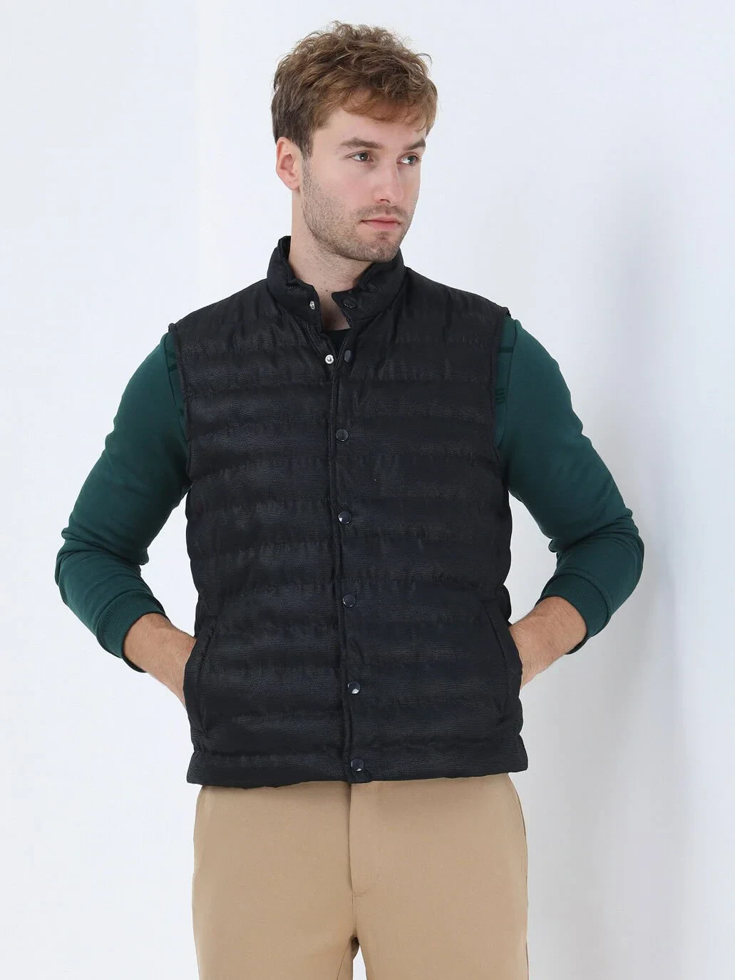 Lacivert Regular Fit Dik Yaka Casual Dokuma Spor Yelek - 1
