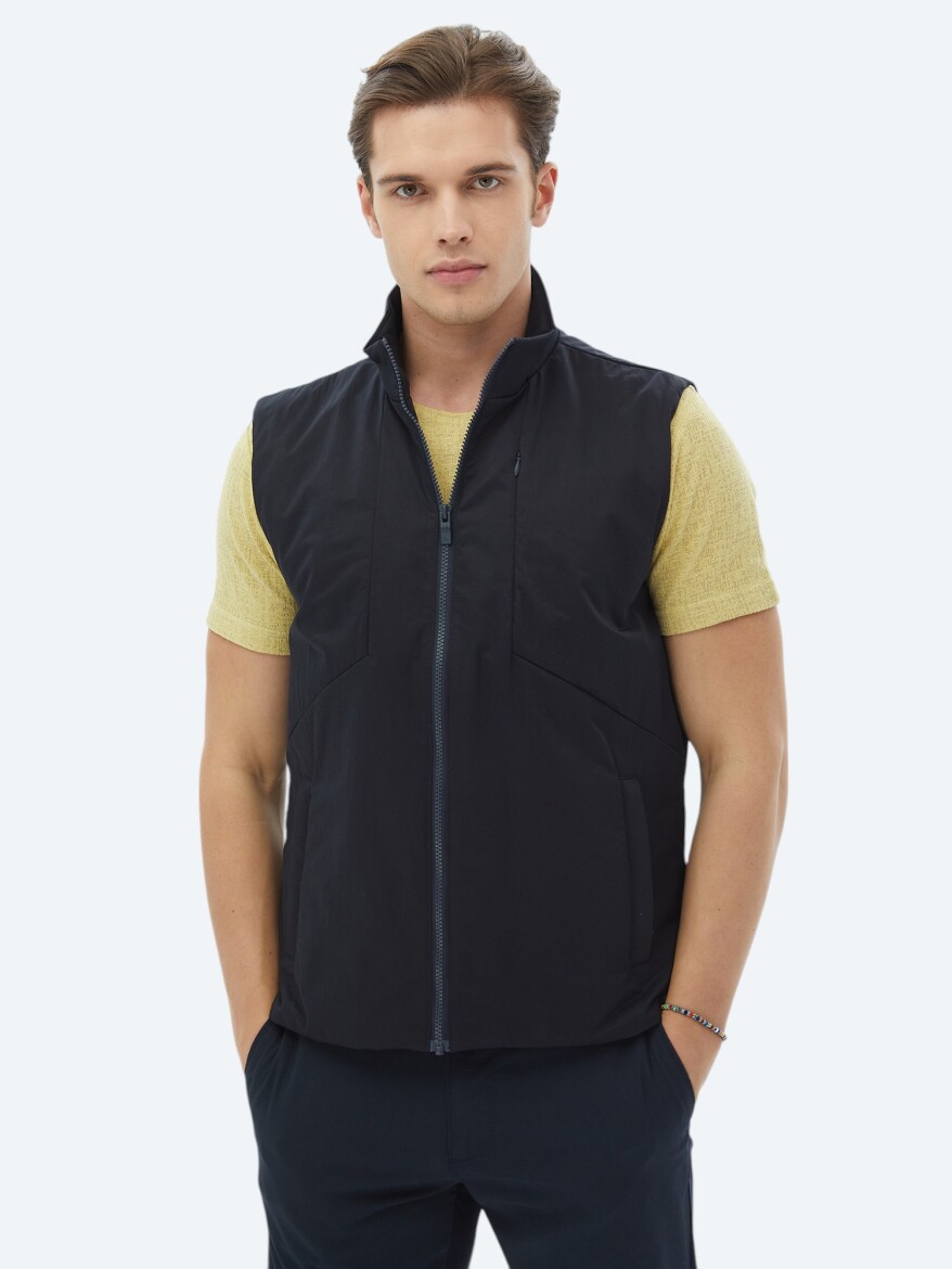 Lacivert Regular Fit Dik Yaka Casual Dokuma Spor Yelek 