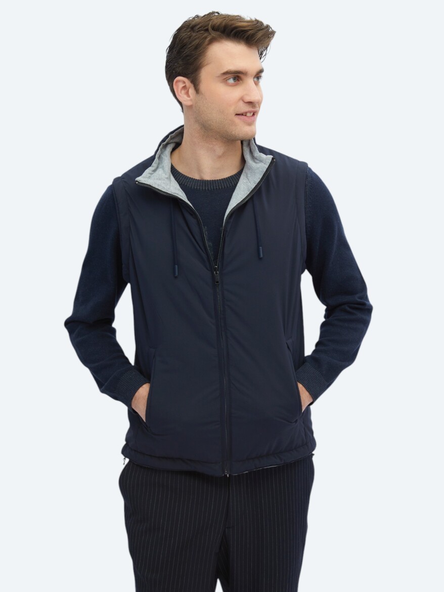 Lacivert Regular Fit Dik Yaka Casual Dokuma Spor Yelek - KİP