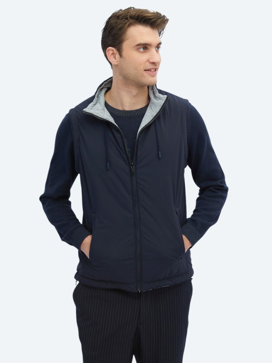 Lacivert Regular Fit Dik Yaka Casual Dokuma Spor Yelek - 1