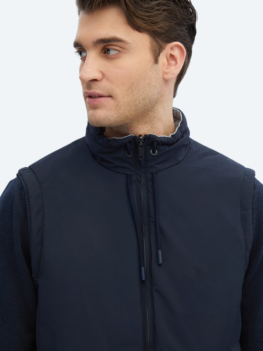 Lacivert Regular Fit Dik Yaka Casual Dokuma Spor Yelek - 5