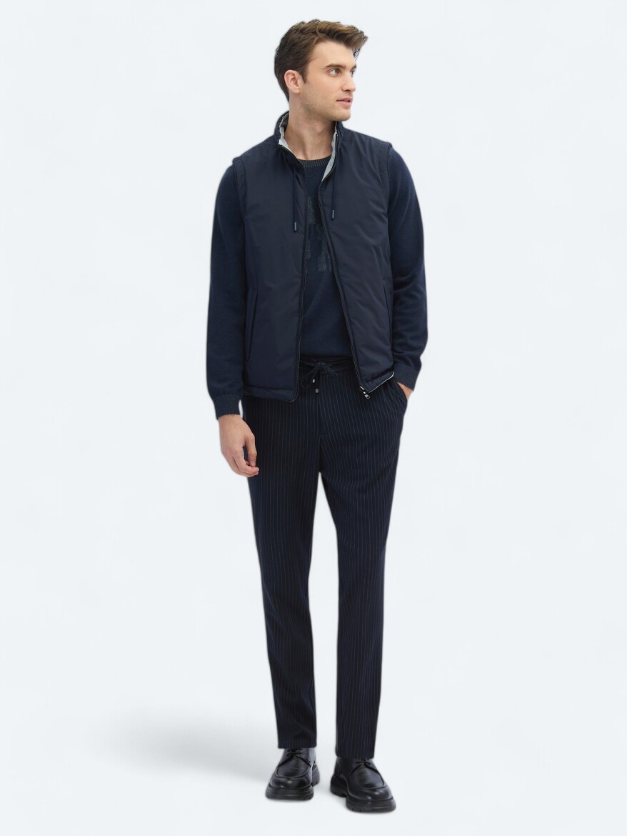 Lacivert Regular Fit Dik Yaka Casual Dokuma Spor Yelek - 3