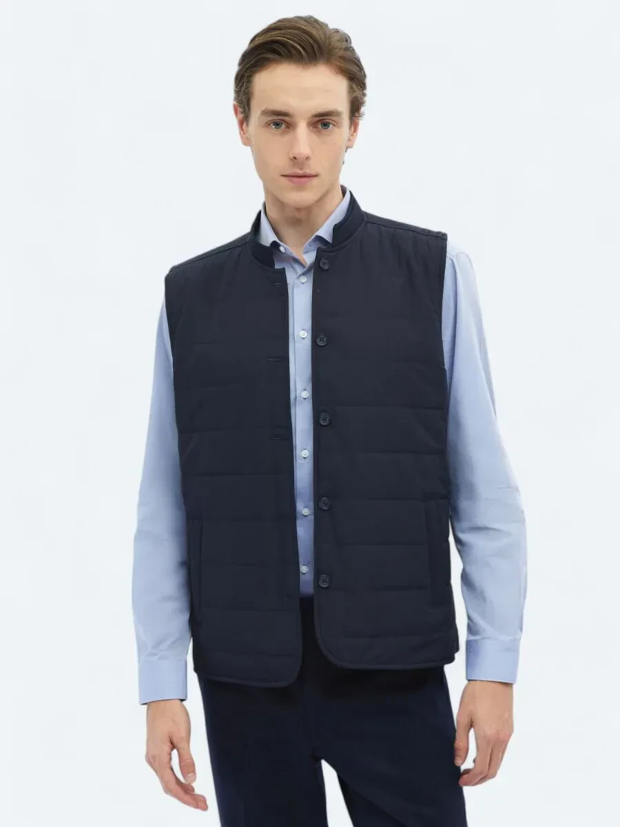 Lacivert Regular Fit Dik Yaka Casual Dokuma Spor Yelek - 2