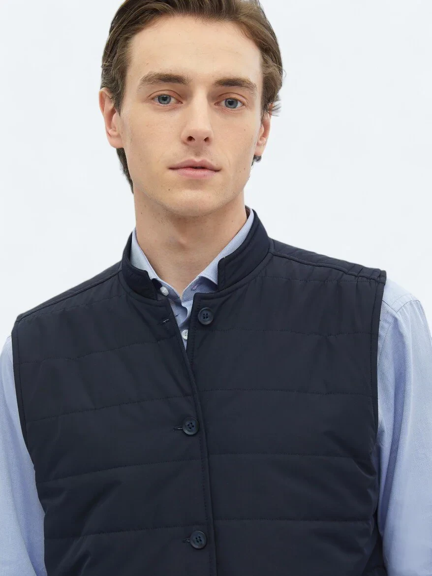 Lacivert Regular Fit Dik Yaka Casual Dokuma Spor Yelek - 8