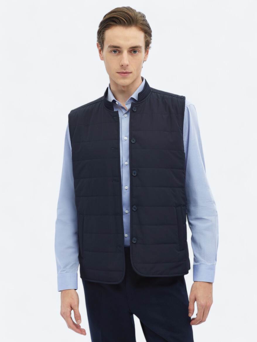 Lacivert Regular Fit Dik Yaka Casual Dokuma Spor Yelek - KİP