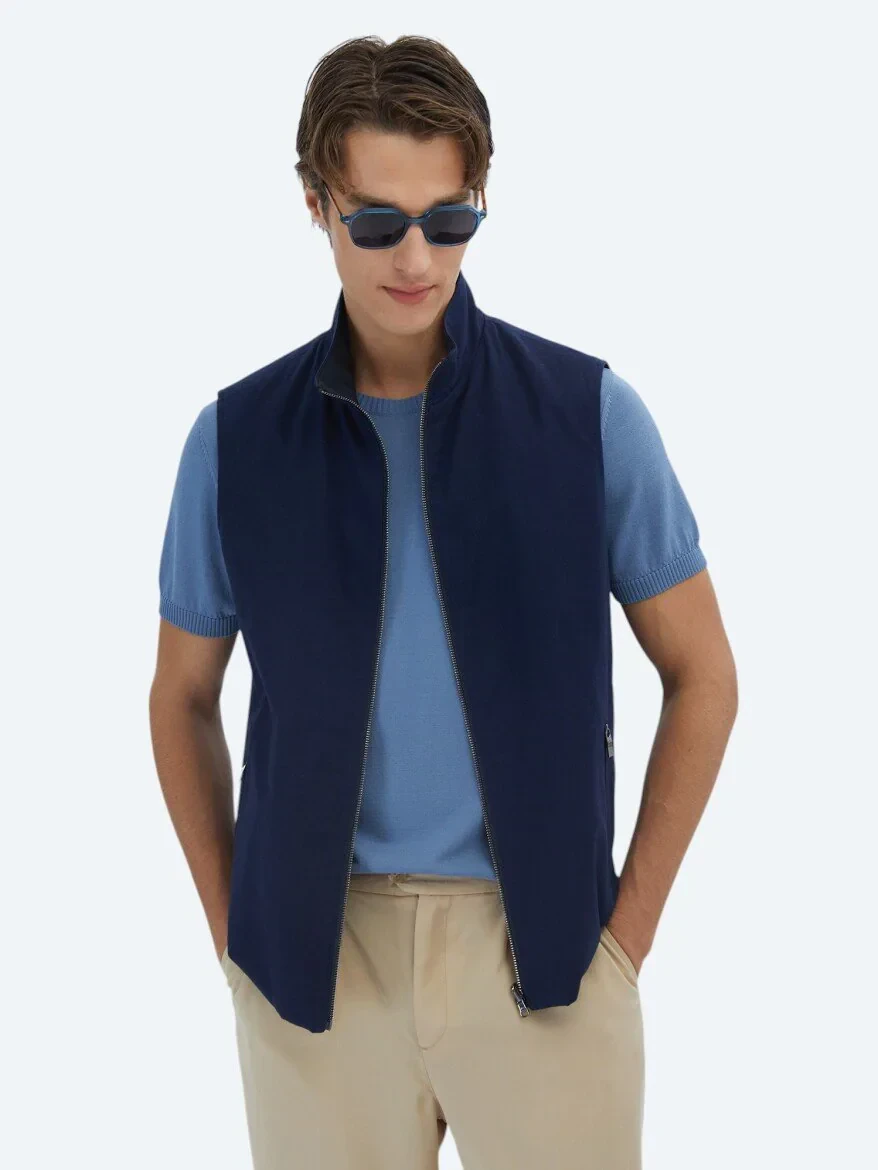 Lacivert Regular Fit Dik Yaka Casual Dokuma Spor Yelek - 4