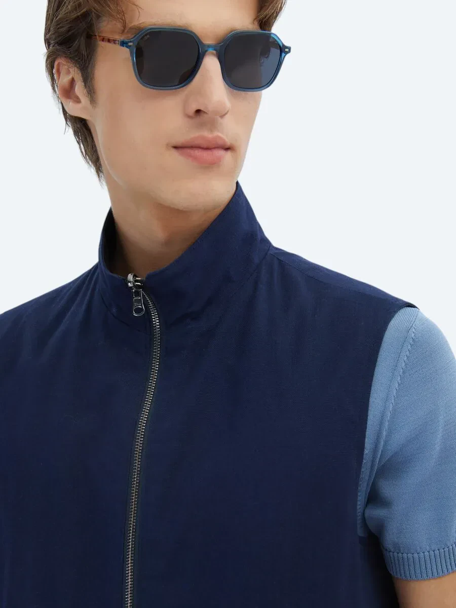 Lacivert Regular Fit Dik Yaka Casual Dokuma Spor Yelek - 5