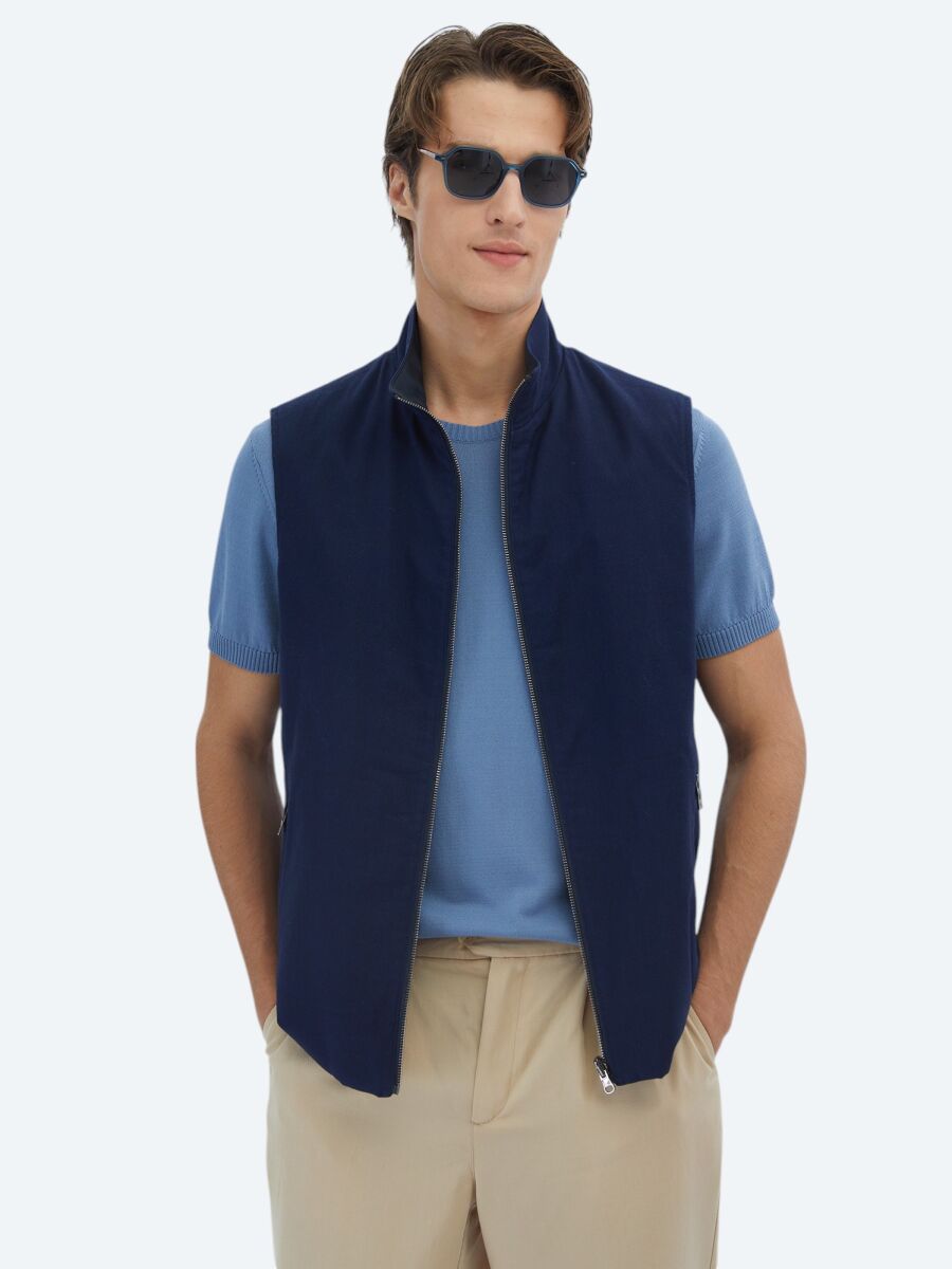 Lacivert Regular Fit Dik Yaka Casual Dokuma Spor Yelek - 1