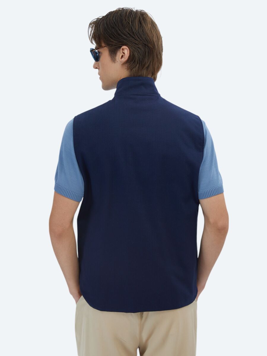 Lacivert Regular Fit Dik Yaka Casual Dokuma Spor Yelek - 7