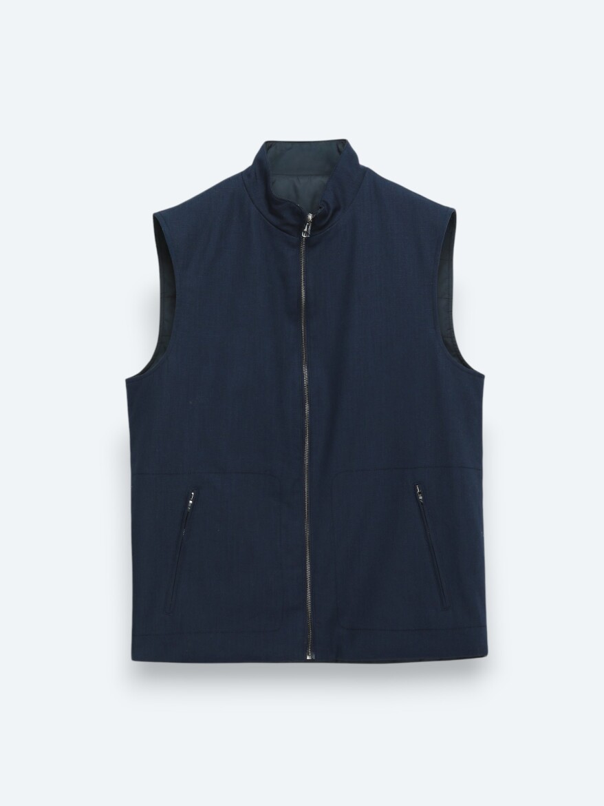 Lacivert Regular Fit Dik Yaka Casual Dokuma Spor Yelek - 9