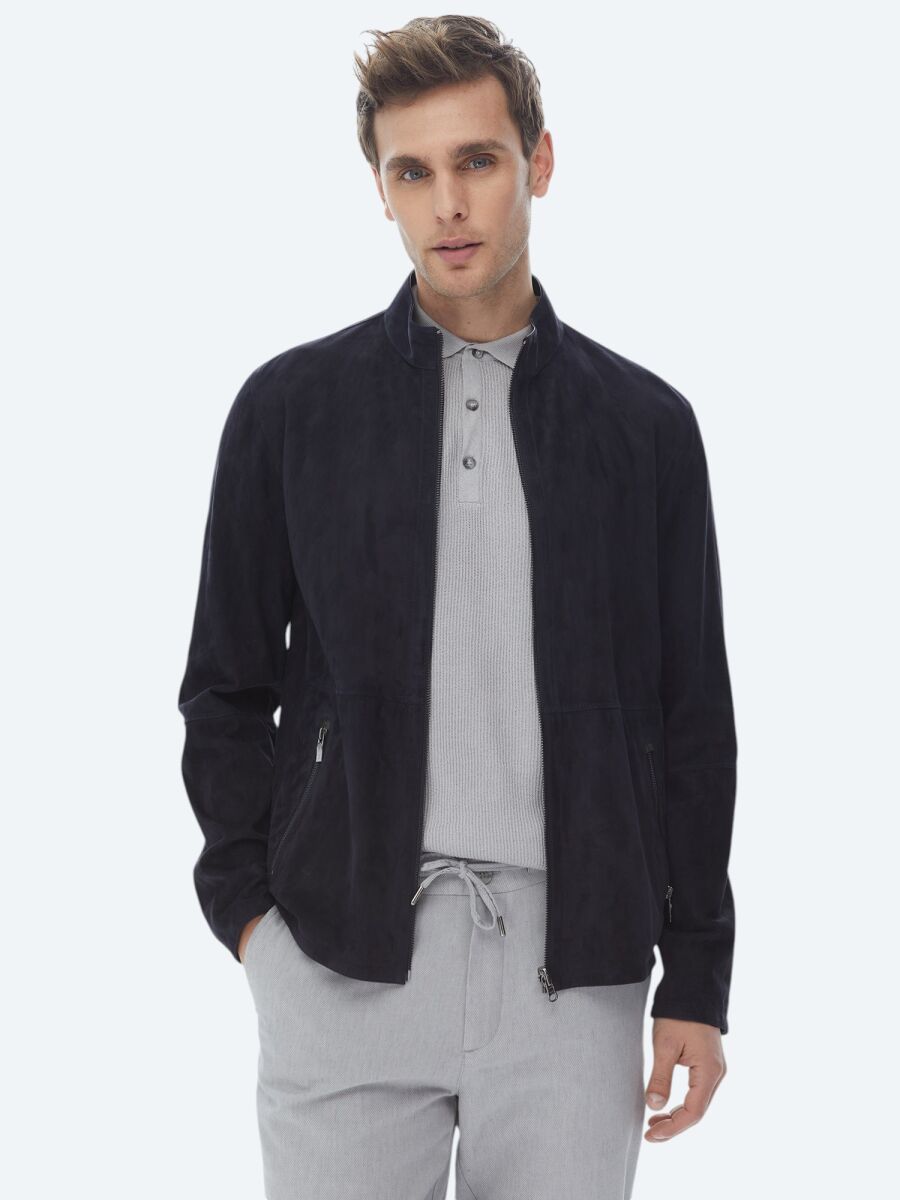 Lacivert Regular Fit Dik Yaka Smart Casual Çift Taraflı Deri Mont - 1