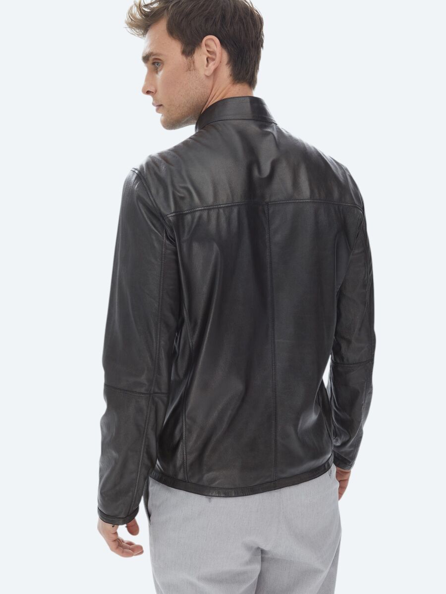 Lacivert Regular Fit Dik Yaka Smart Casual Çift Taraflı Deri Mont - 9