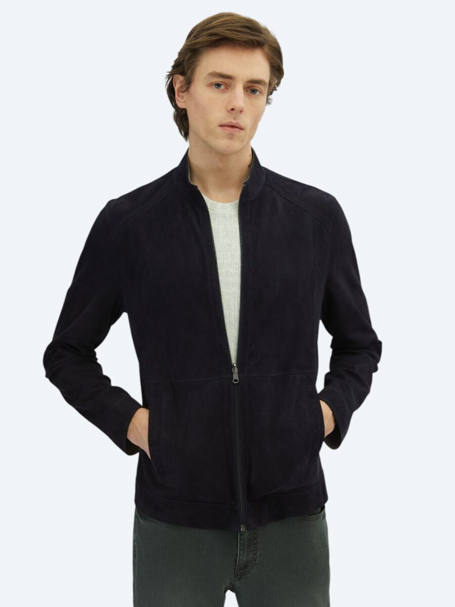 Lacivert Regular Fit Dik Yaka Smart Casual Deri Çift Taraflı Deri Mont - 1