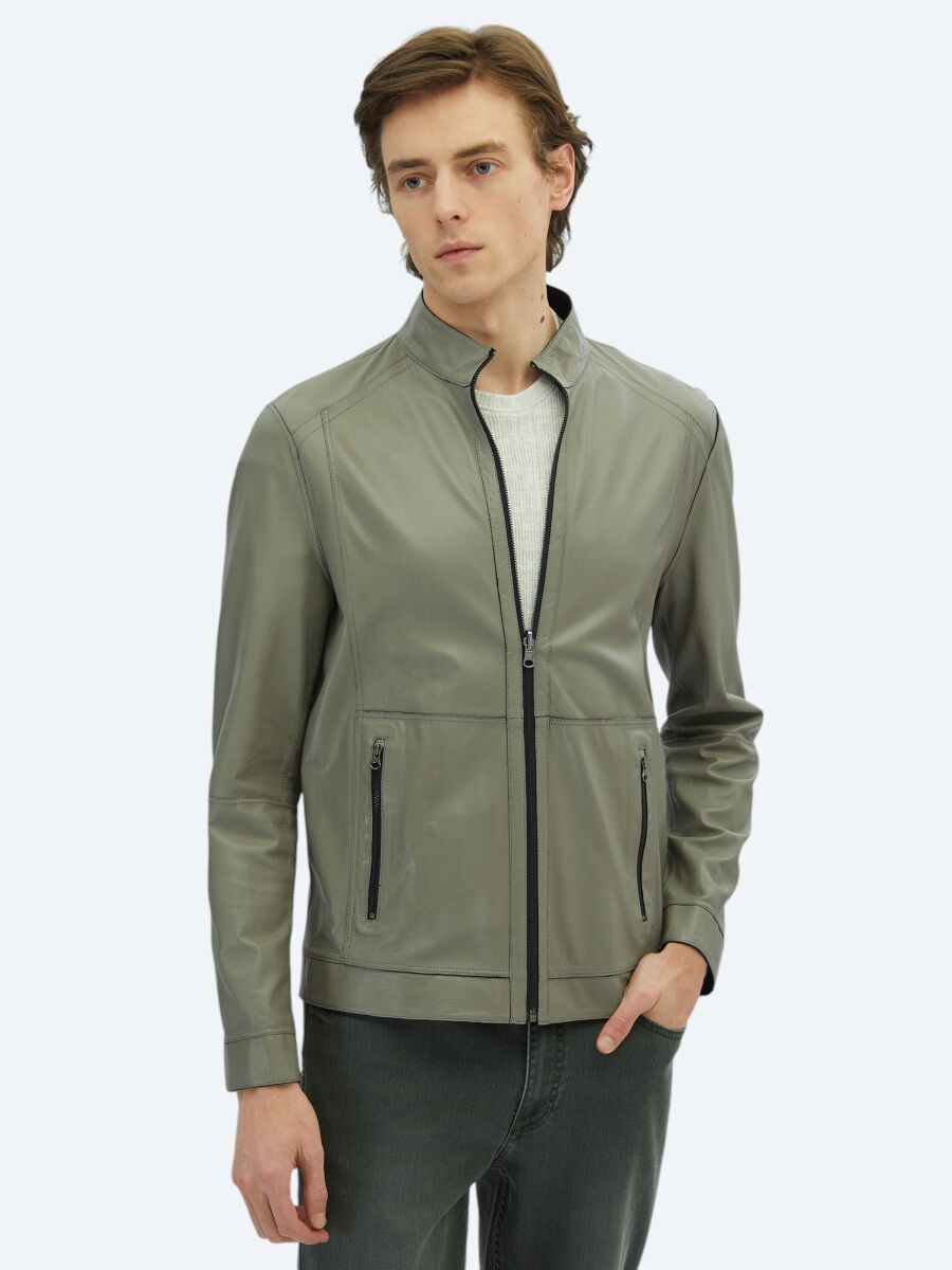 Lacivert Regular Fit Dik Yaka Smart Casual Deri Çift Taraflı Deri Mont - 2