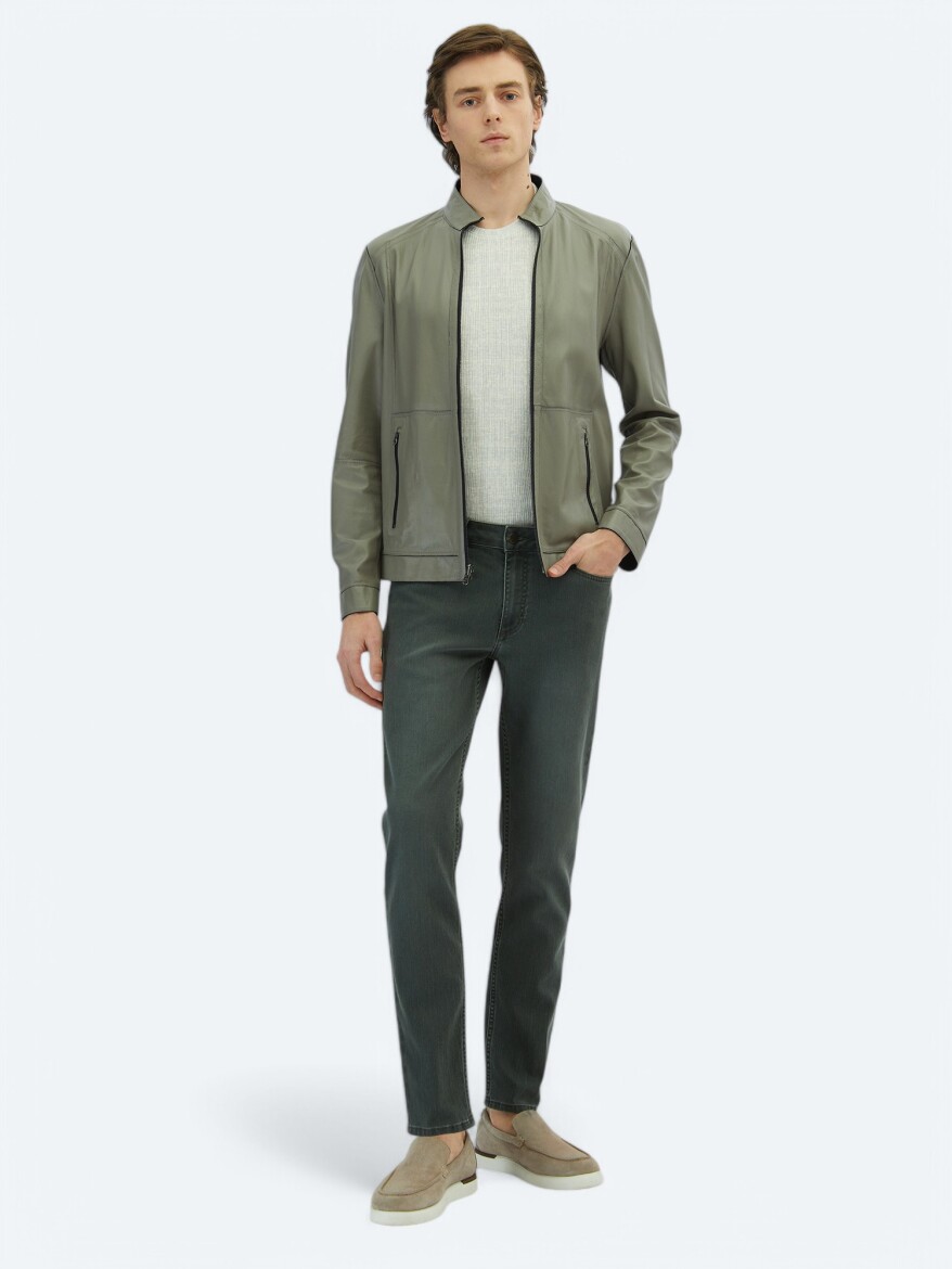 Lacivert Regular Fit Dik Yaka Smart Casual Deri Çift Taraflı Deri Mont - 3