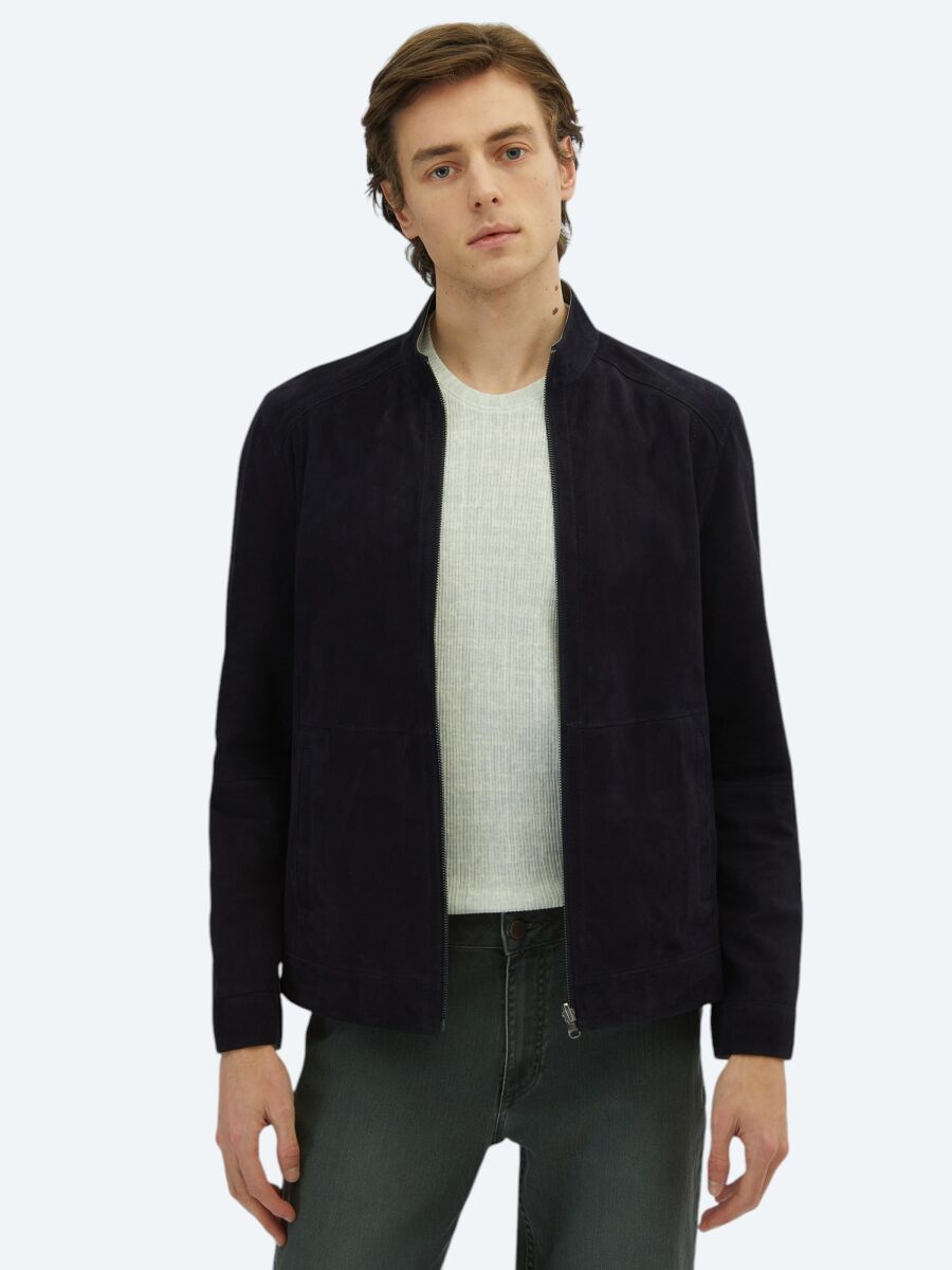 Lacivert Regular Fit Dik Yaka Smart Casual Deri Çift Taraflı Deri Mont - 5