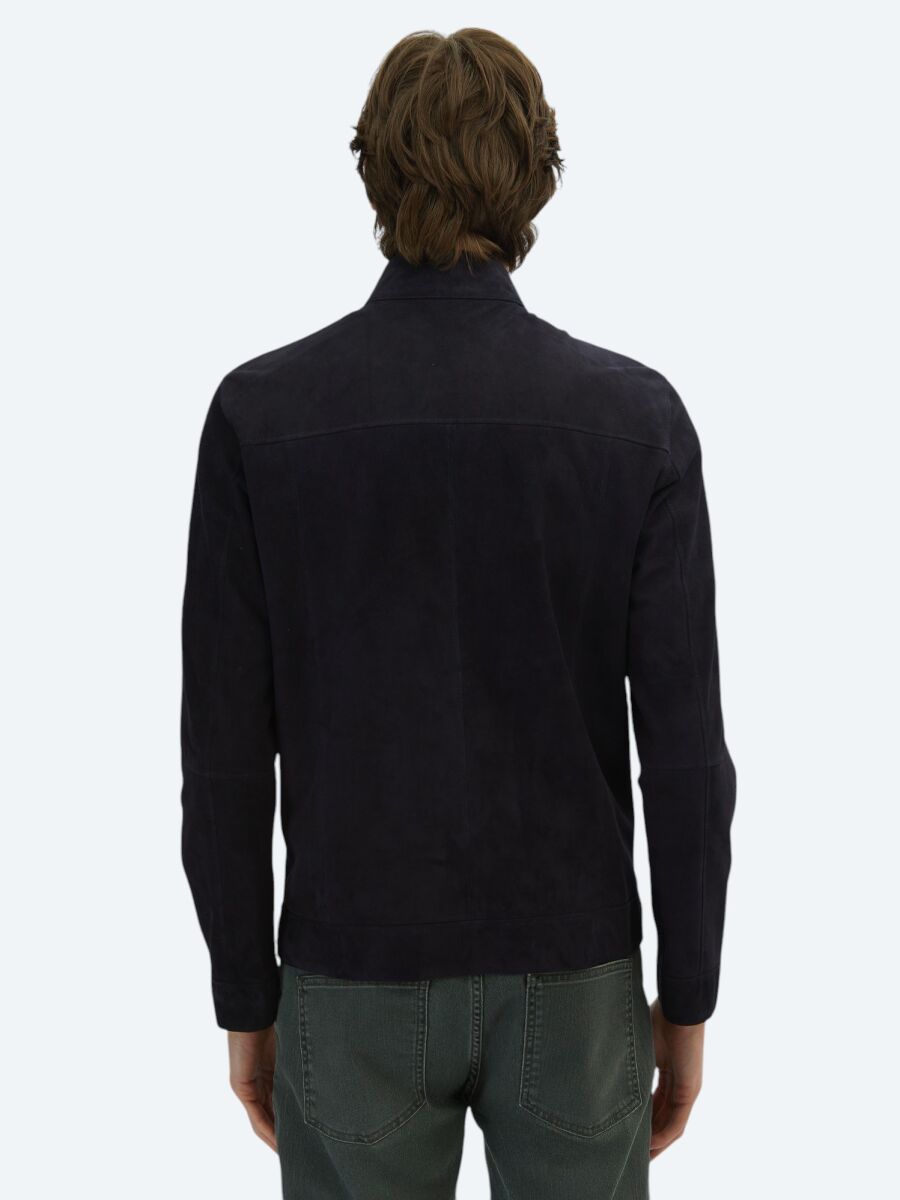 Lacivert Regular Fit Dik Yaka Smart Casual Deri Çift Taraflı Deri Mont - 10