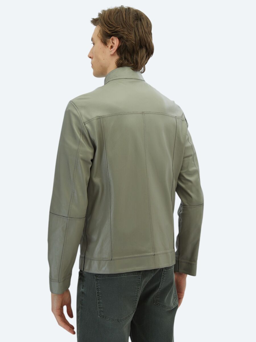 Lacivert Regular Fit Dik Yaka Smart Casual Deri Çift Taraflı Deri Mont - 11