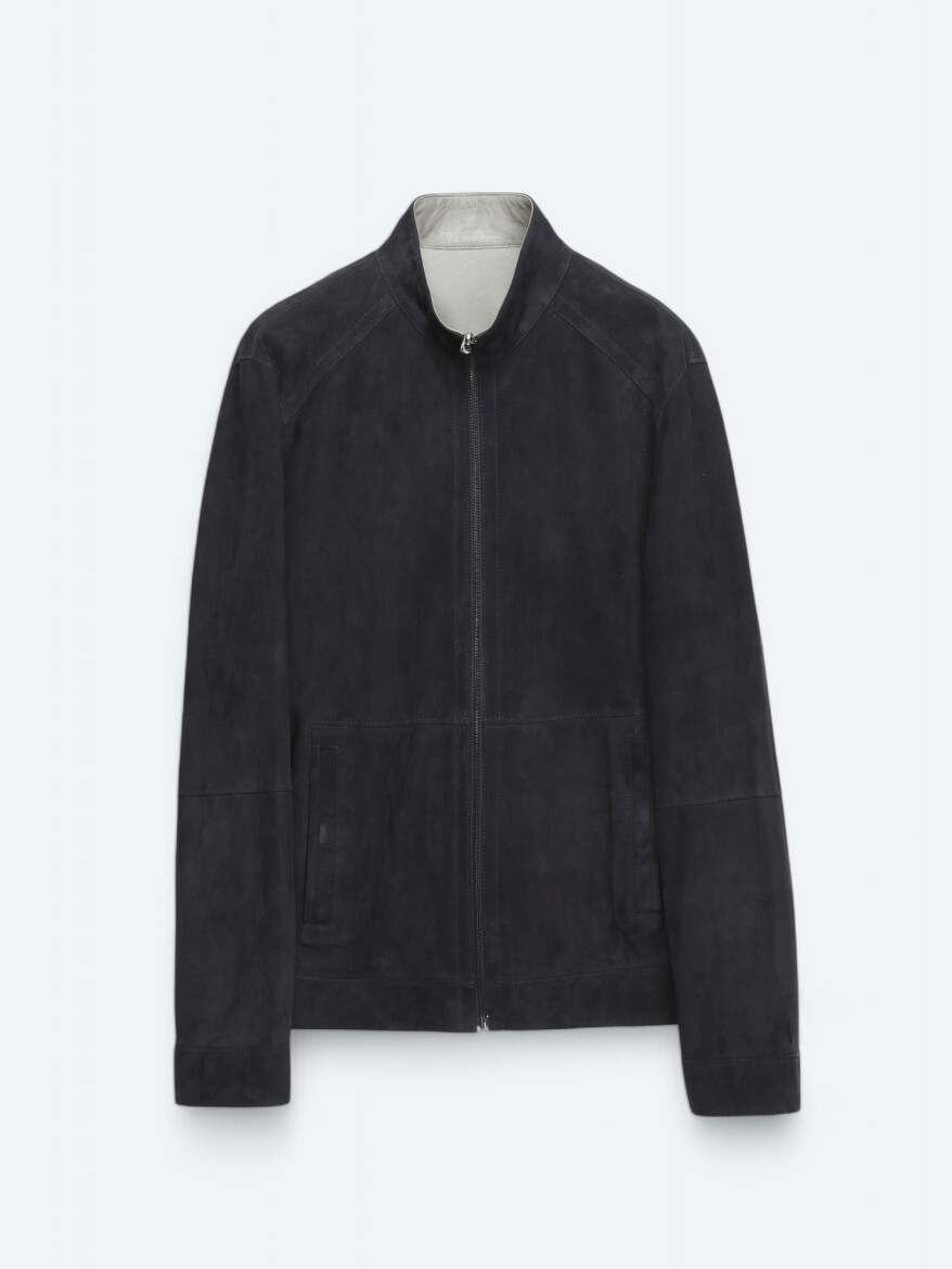 Lacivert Regular Fit Dik Yaka Smart Casual Deri Çift Taraflı Deri Mont - 12