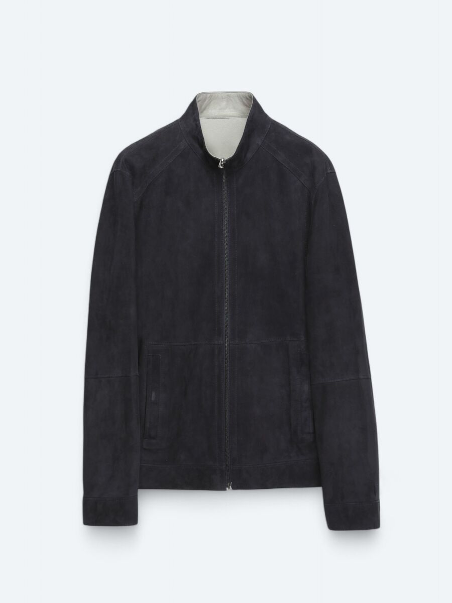 Lacivert Regular Fit Dik Yaka Smart Casual Deri Çift Taraflı Deri Mont - 12