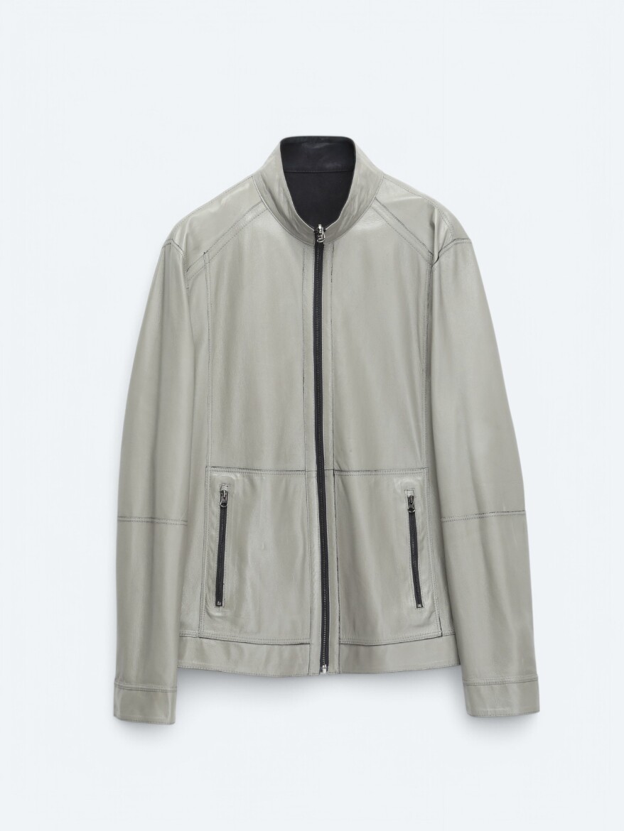 Lacivert Regular Fit Dik Yaka Smart Casual Deri Çift Taraflı Deri Mont - 13