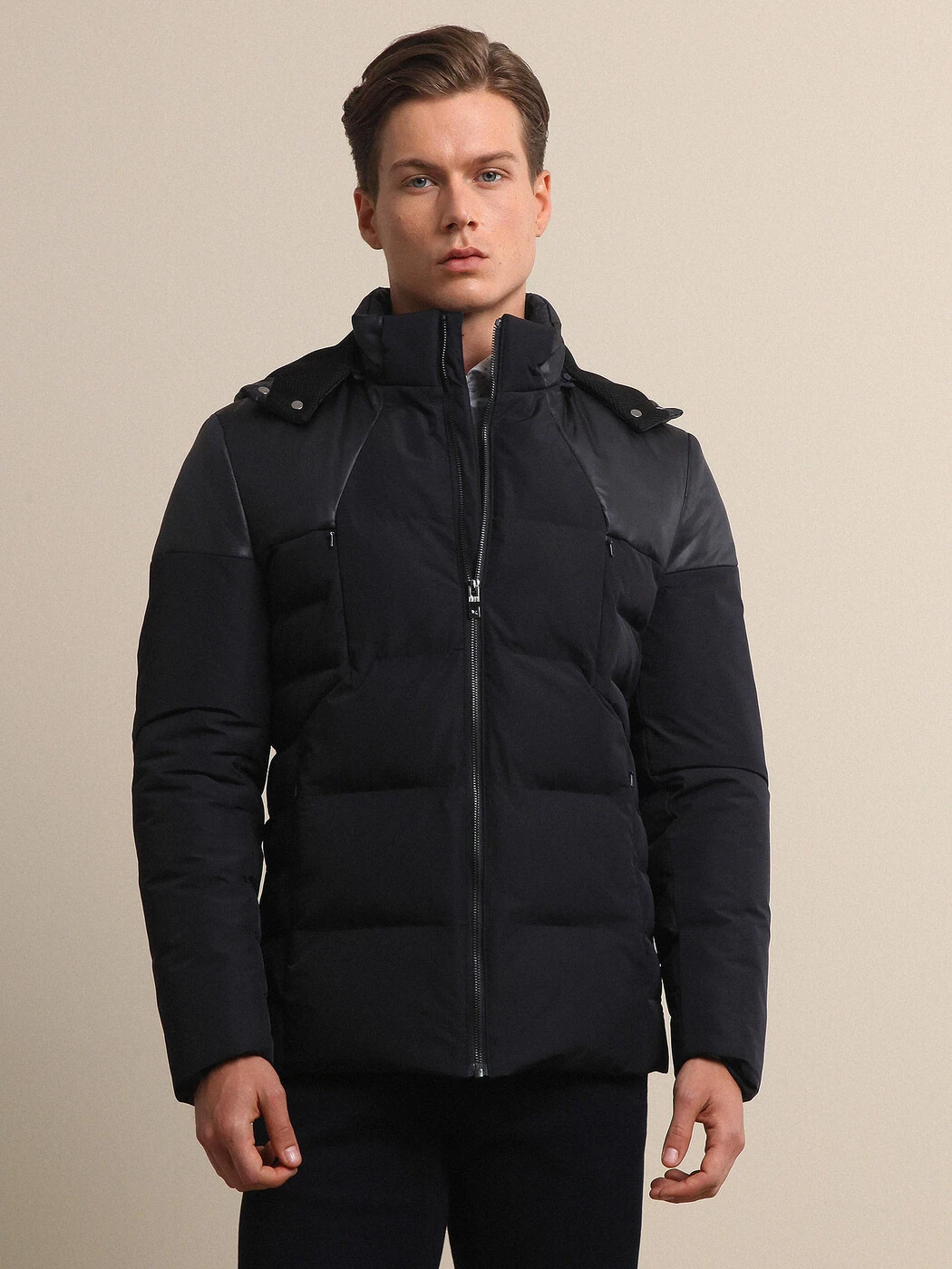 Lacivert Regular Fit Dik Yaka Smart Casual Dokuma Mont - 1
