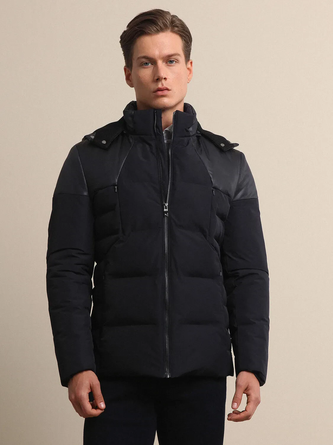 Lacivert Regular Fit Dik Yaka Smart Casual Dokuma Mont - 1