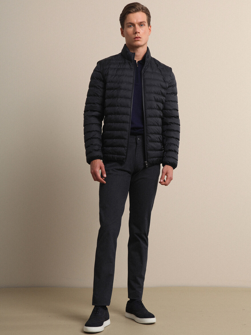 Lacivert Regular Fit Dik Yaka Smart Casual Dokuma Mont - 1