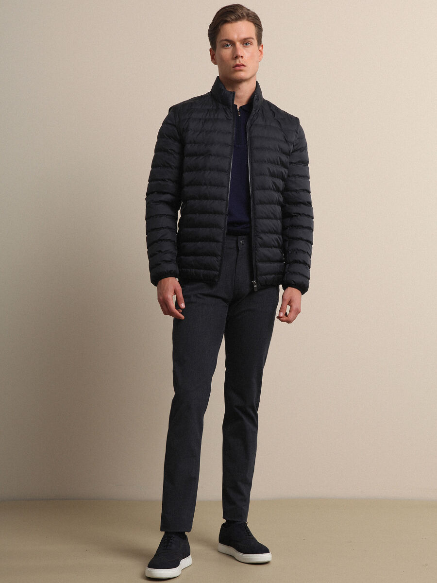 Lacivert Regular Fit Dik Yaka Smart Casual Dokuma Mont - 1