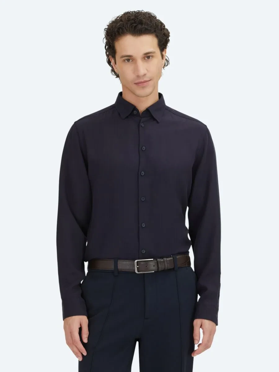 Lacivert Regular Fit Dokuma Casual Gömlek - 1