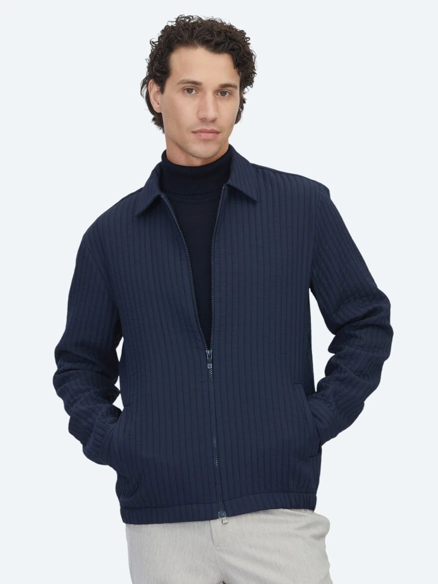 Lacivert Regular Fit Dokuma Overshırt - 1