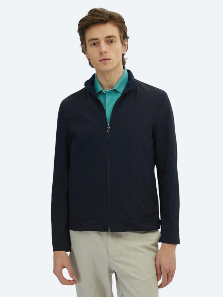 Lacivert Regular Fit Gizli Kapüşon Casual Dokuma Çift Taraflı Mont - KİP