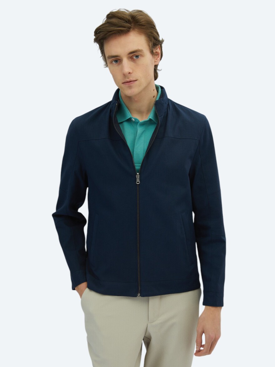 Lacivert Regular Fit Gizli Kapüşon Casual Dokuma Çift Taraflı Mont - 3